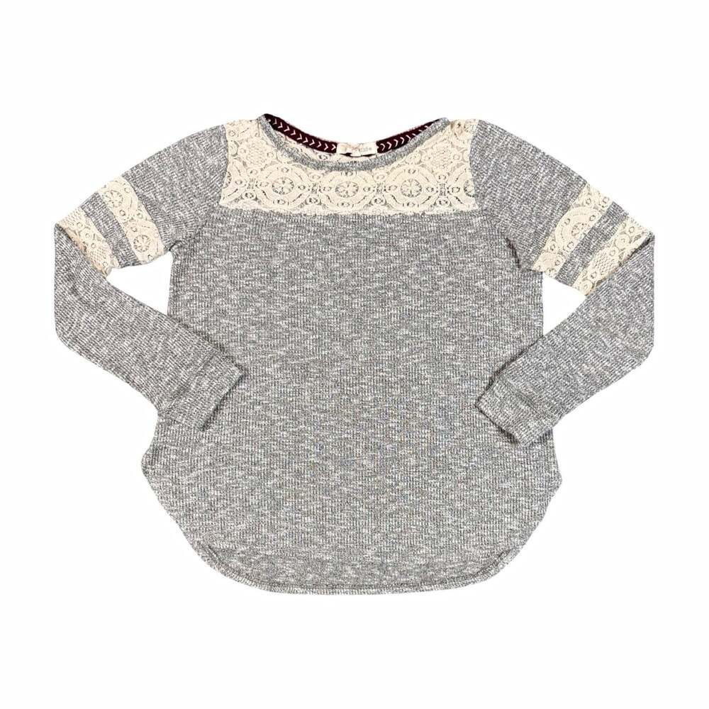 Y2K Rewind Women’s XL Gray Knit Lace Yoke Pullover Top Round Neck Thermal